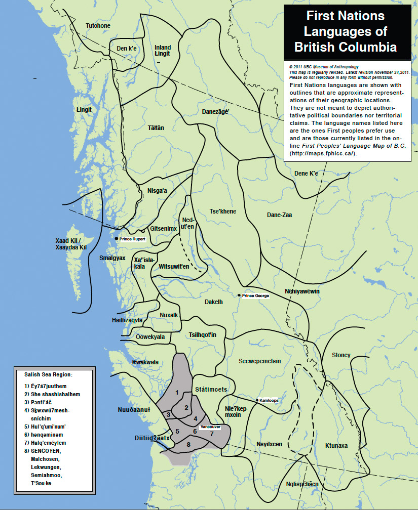 Map of British Columbia detailing the location of where First Nations Languages are spoken