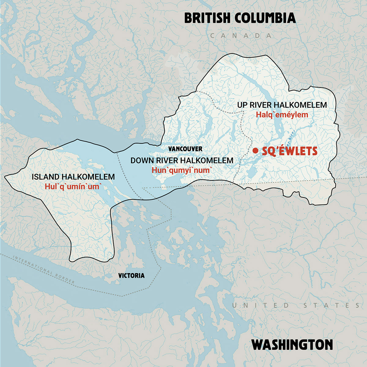 Cette carte montre le territoire des trois dialectes des Salish de la côte : l’halq̓eméylem, de la vallée du Fraser; l’hun'qumi'num, du delta du Fraser; et l’hul̓q̓umín̓um̓, de l’île de Vancouver