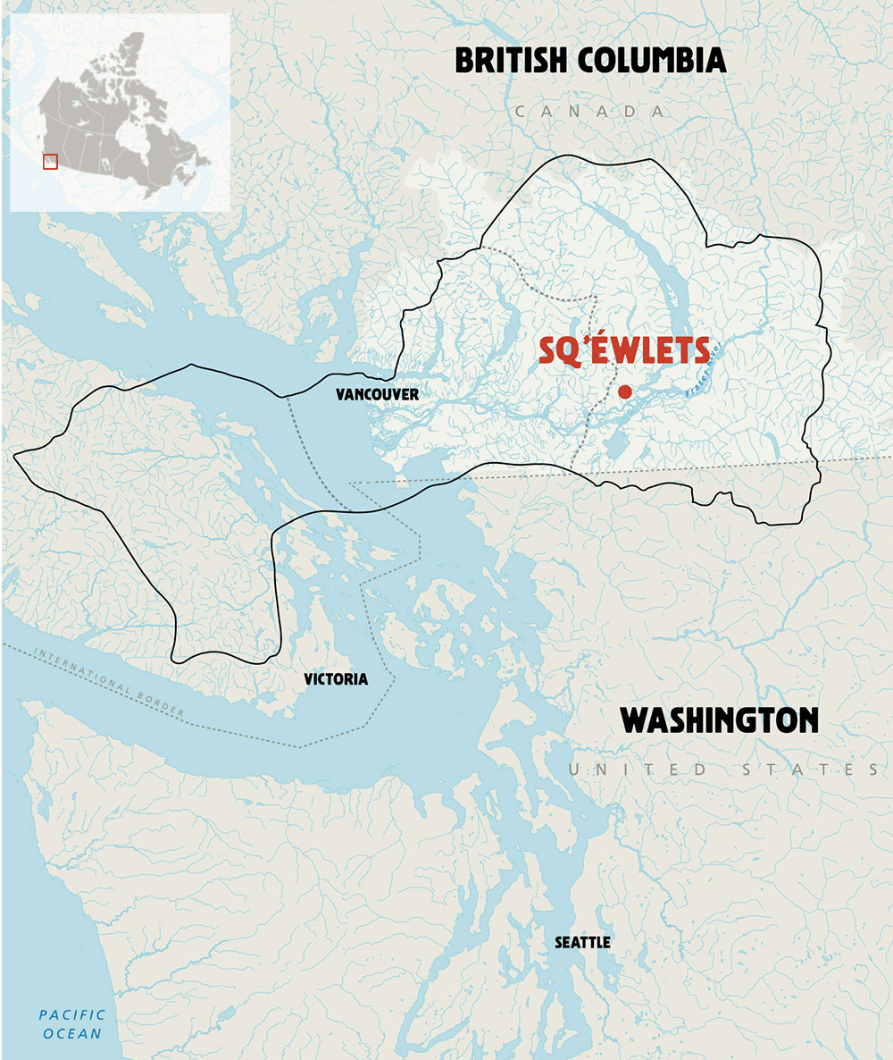 This map shows the Pacific Northwest and the home of the Sqewlets people where the Harrison River feeds into the Fraser River.