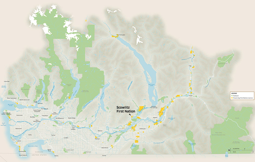 Map showing contemporary communities of the Fraser Valley, including the reserves of the Sqewlets people.