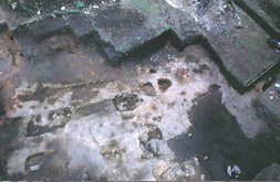 Large post holes can be seen in an open excavation area.