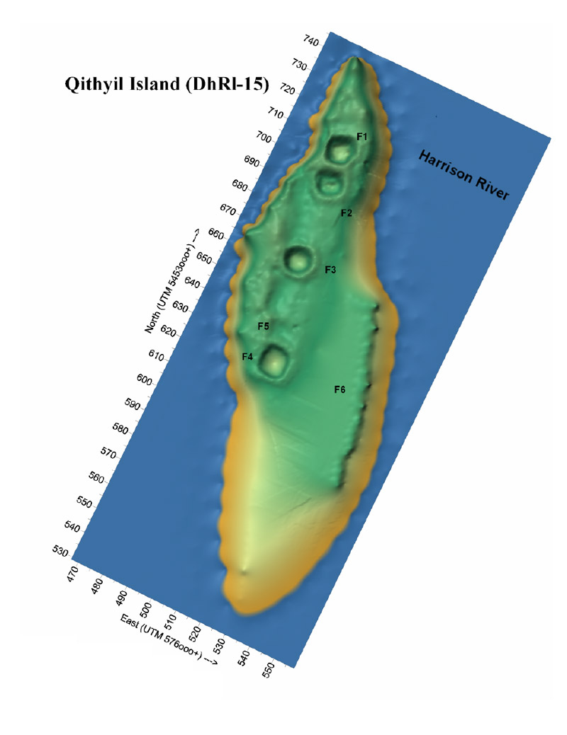 Diagram of a green body of land with several depressions in it surrounded by blue water