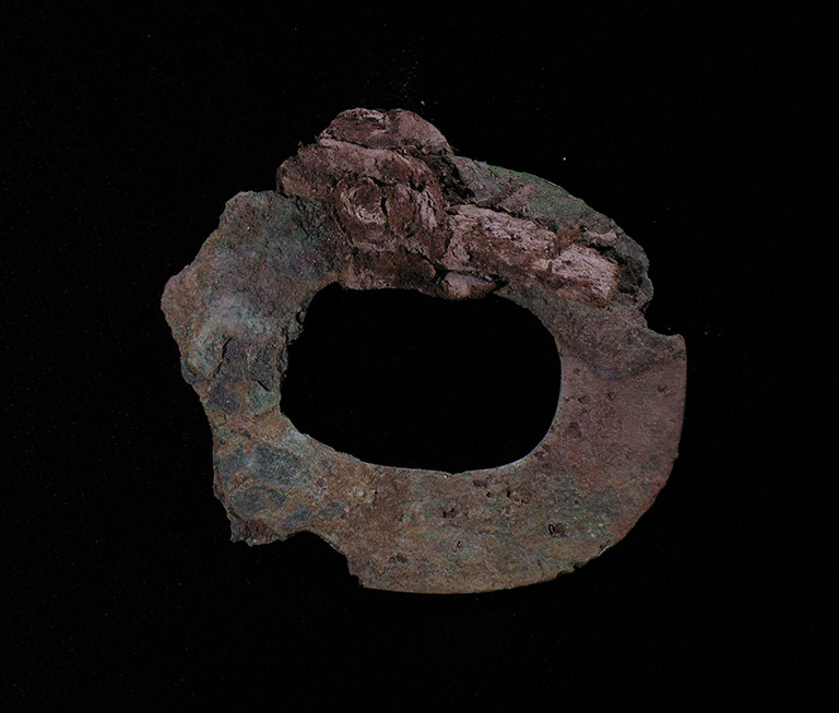 A flattened and oxidized circle of metal.