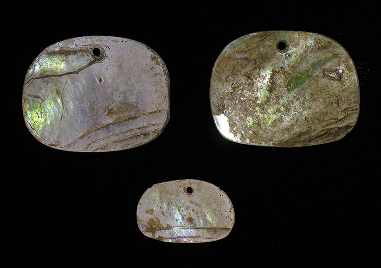 Three pieces of flat abalone shell shaped into ornaments.