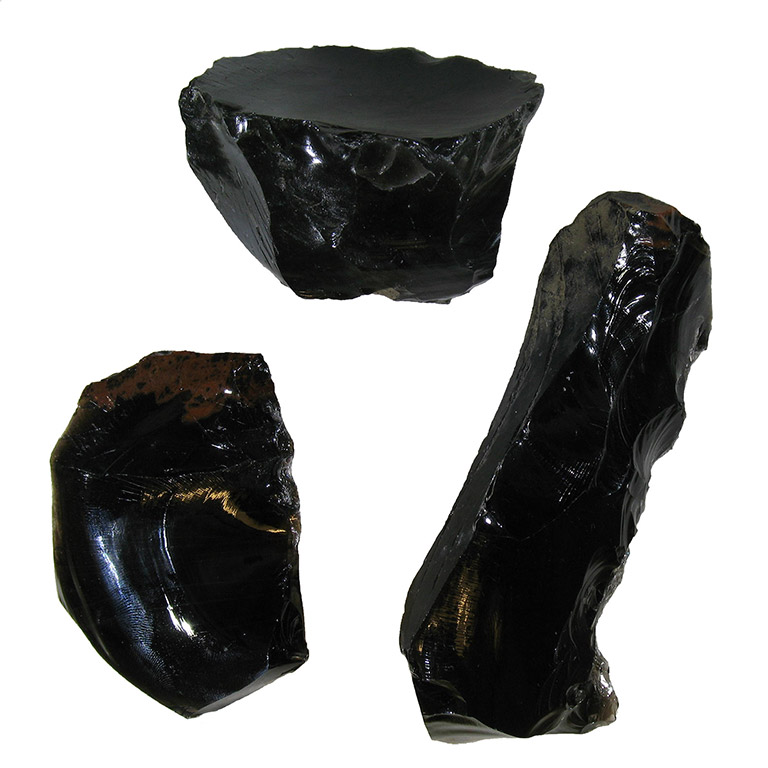 Three black and very shiny rocks.