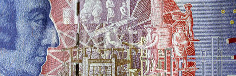 Un dessin avec un homme dans la partie gauche. En haut du dessin, les mots « twenty pounds » (vingt livres) sont imprimés et au centre il y a des travailleurs de divers types d’industries.