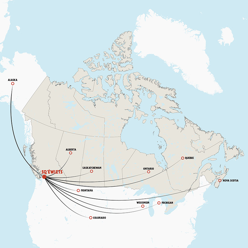 Une carte du Canada montrant les liens des Sq'éwlets avec la plupart des provinces.