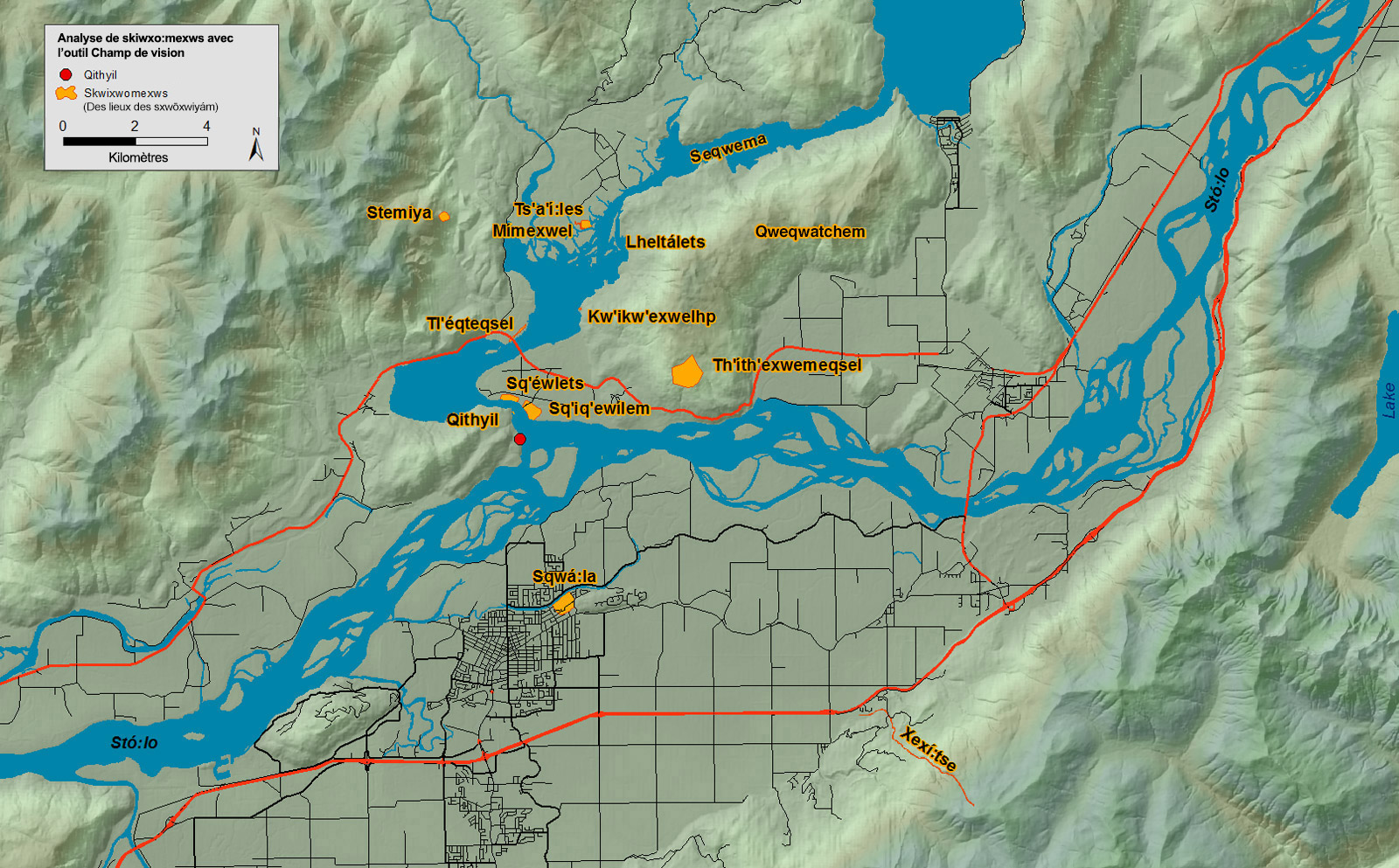 Une carte montre les lieux culturels importants tels que vus des bureaux de la bande des Sq'éwlets.