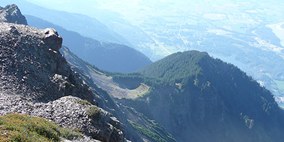 Des lignes de haute tension au premier plan et une haute montagne boisée à l’arrière-plan.